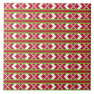 Rucava Red and white folk art geometric design IV Tile