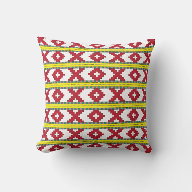 Rucava Red, yellow folk art geometric pattern III Cushion (Front)