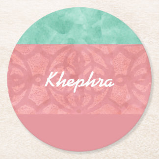 Ruddy Pink Batik And Blue Watercolor Name Round Paper Coaster