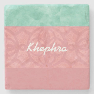 Ruddy Pink Batik And Blue Watercolor Name Stone Coaster