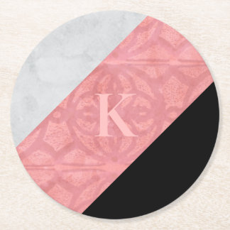 Ruddy Pink Batik And Grey Watercolor Letter Round Paper Coaster