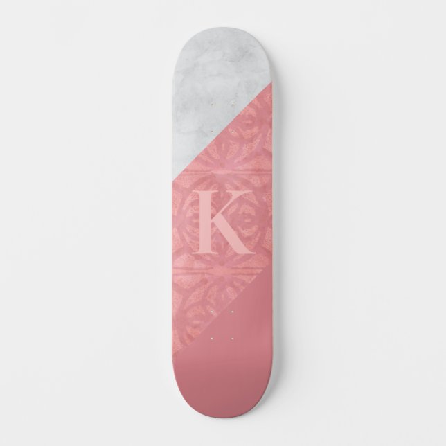 Ruddy Pink Batik And Grey Watercolor Letter Skateboard (Front)