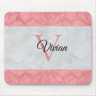 Ruddy Pink Batik And Grey Watercolor Monogrammed Mouse Pad