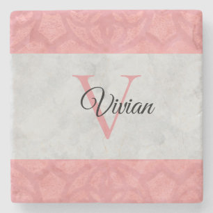 Ruddy Pink Batik And Grey Watercolor Monogrammed N Stone Coaster