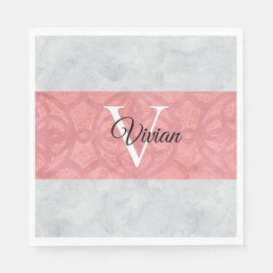 Ruddy Pink Batik And Grey Watercolor Monogrammed Napkin