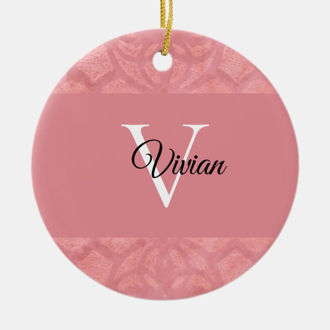 Ruddy Pink Batik Name Monogrammed Ceramic Tree Decoration (Front)