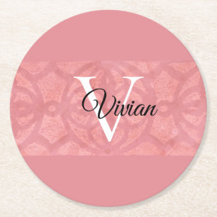 Ruddy Pink Batik Name Monogrammed Round Paper Coaster