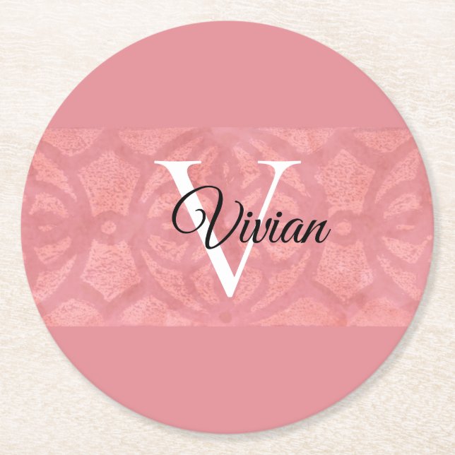 Ruddy Pink Batik Name Monogrammed Round Paper Coaster (Front)