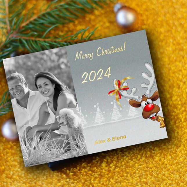 Rudolph Christmas monochrome photo Foil Holiday Postcard (Creator Uploaded)