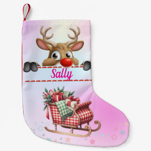 Rudolph Reindeer with Santa Sleigh - Pink Small Christmas Stocking