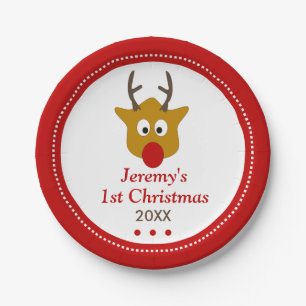 Rudolph the Reindeer Cute Babys 1st Christmas Paper Plate