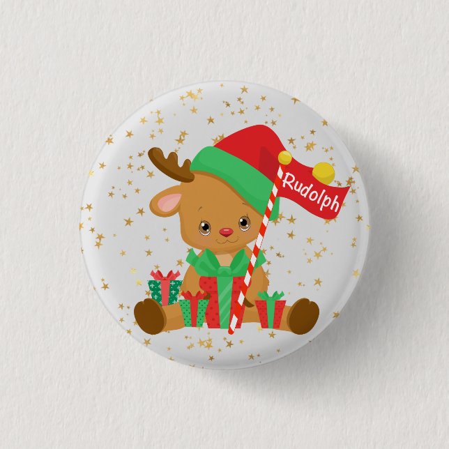 Rudolph the Reindeer with Gifts and Gold Stars 3 Cm Round Badge (Front)
