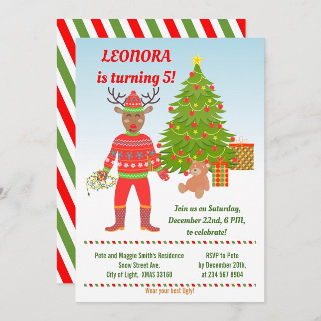 Rudolph Ugly Sweater Birthday Party  Invitation (Front/Back)