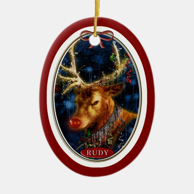 Rudy Reindeer Digital Art Red Ceramic Tree Decoration (Front)