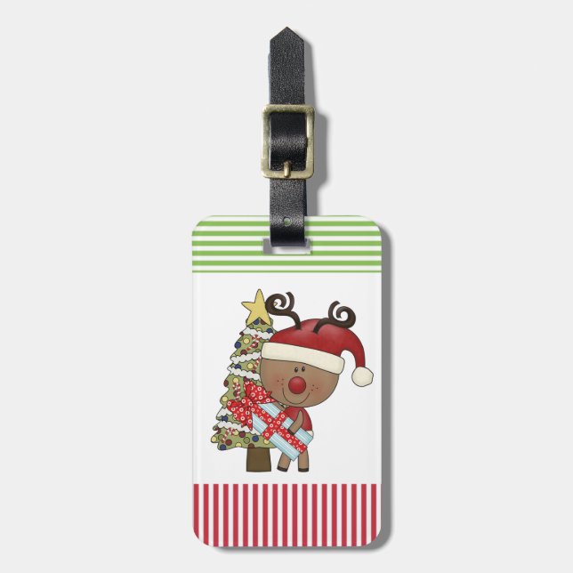 Rudy Reindeer Holiday Tree Luggage Tag (Front Vertical)