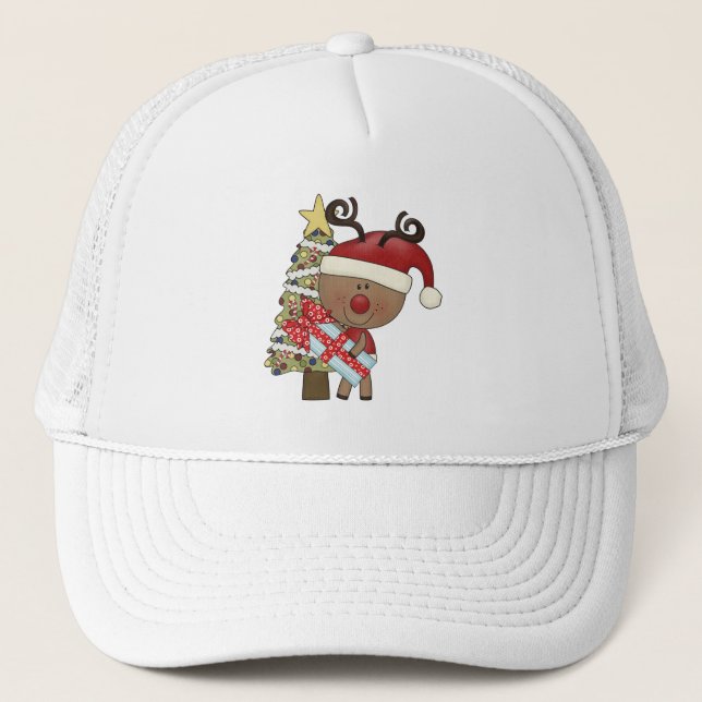 Rudy Reindeer Holiday Tree Trucker Hat (Front)