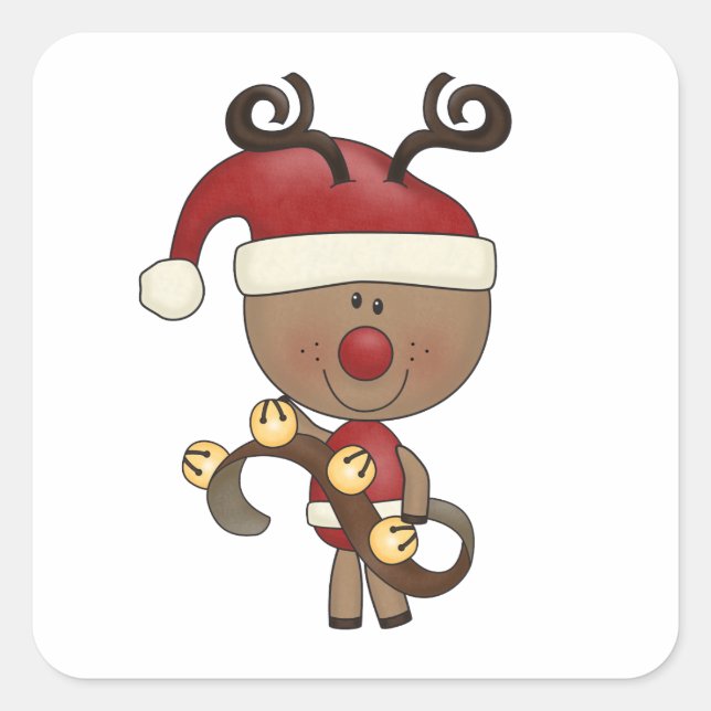 Rudy Reindeer With Bells Square Sticker (Front)