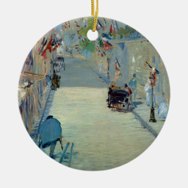 Rue Mosnier with Flags Manet French France Art Ceramic Tree Decoration (Front)