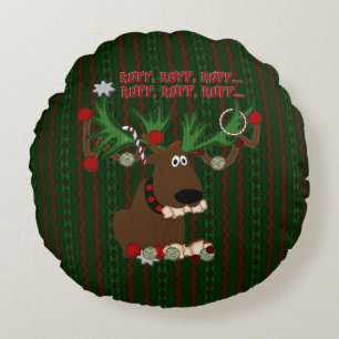 Ruff Ruff Ruff, Doggie Reindeer Round Throw Pillow