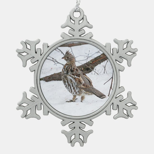 Ruffed Grouse Snowflake Pewter Christmas Ornament (Front)
