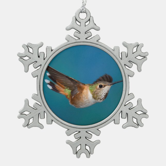 Rufous Hummingbird Snowflake Pewter Christmas Ornament (Front)