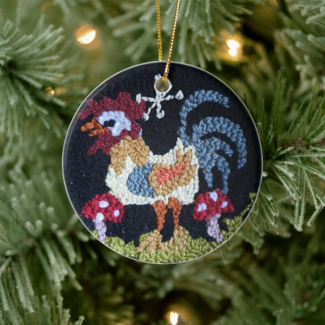 rug hooked design rooster & mushroom ornament (Tree)