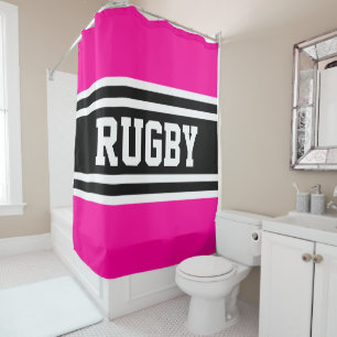Rugby Bold Bright Pink Black White Racing Stripes Shower Curtain