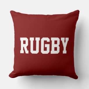 RUGBY Fun 70s Athletic White Text On Bold Deep Red Cushion