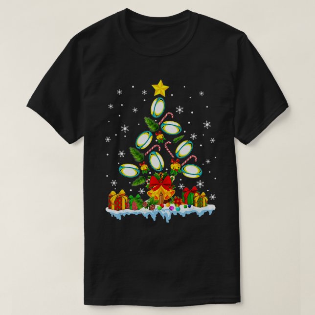 Rugby Lover Christmas ree Lights Santa Hat Rugby X T-Shirt (Design Front)