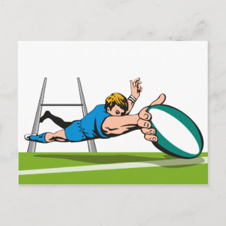 Rugby player diving scoring a try postcard