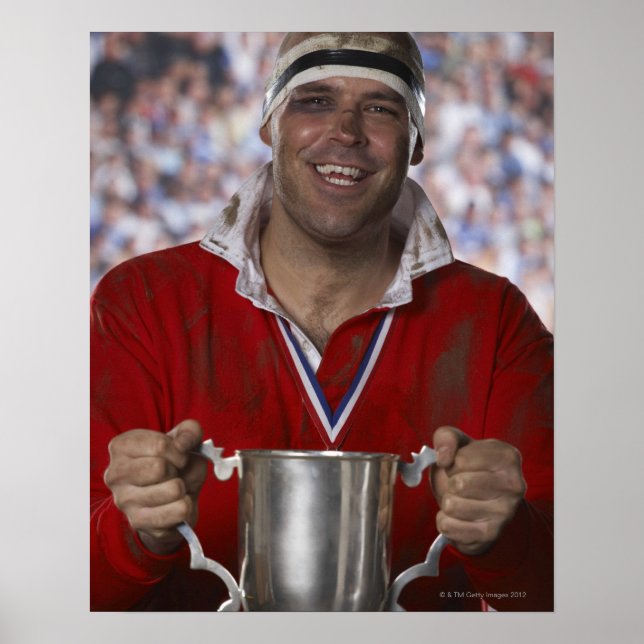 Rugby player holding trophy cup, portrait poster (Front)