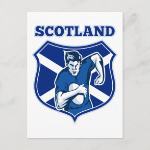 rugby player running ball scotland flag shield postcard
