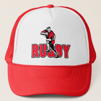 Rugby player running fending ball trucker hat