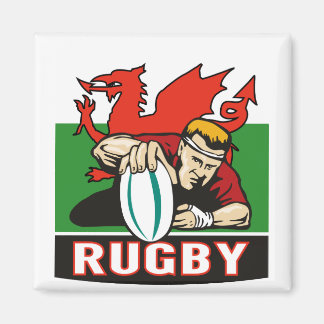 Rugby player scoring try wales flag magnet