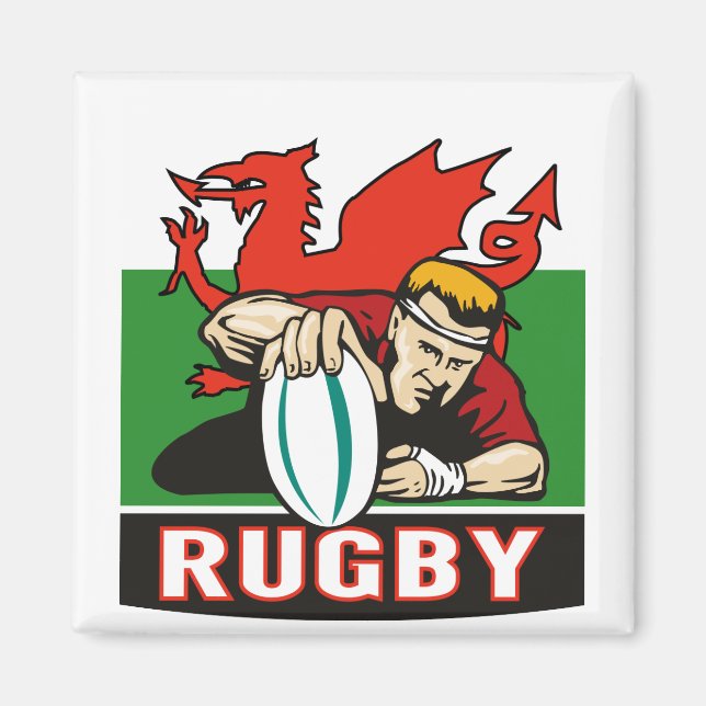 Rugby player scoring try wales flag magnet (Front)