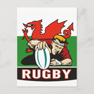 Rugby player scoring try wales flag postcard