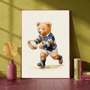 Rugby Teddy Bear Cute Animal Sports Nursery Art Poster