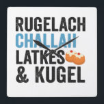 Rugelach Challah Latke & Kugel Funny Hanukkah Food Square Wall Clock<br><div class="desc">funny, hanukkah, food, jewish, jews, challah, latke, gift, rugelach, birthday</div>