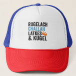 Rugelach Challah Latke & Kugel Funny Hanukkah Food Trucker Hat<br><div class="desc">funny, hanukkah, food, jewish, jews, challah, latke, gift, rugelach, birthday</div>