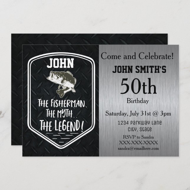 Rugged Adult Bass Fishing The Man The Myth Invitation (Front/Back)