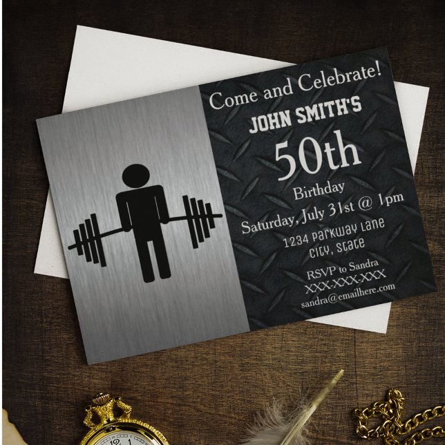 Rugged Adult Weightlifting Birthday Invitations (Weightlifting Fitness Themed birthday invitations.)