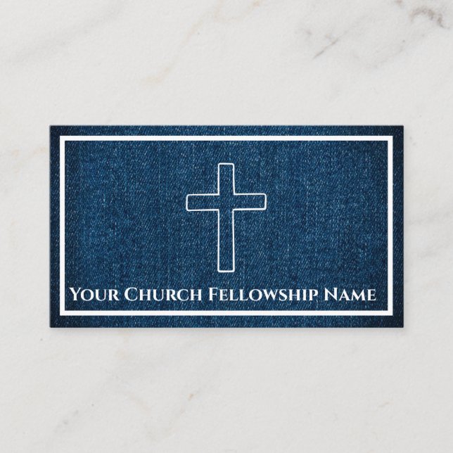 Rugged dark Blue Denim Cross Outline Church Pastor Business Card (Front)