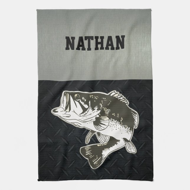 Rugged Fishing Largemouth Bass Sports Outdoors Men Tea Towel (Vertical)
