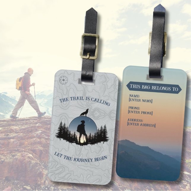 Rugged Hiking Blue Gray Topography Wilderness Luggage Tag (Tag your outdoor gear with a rugged, wilderness-themed luggage tag)
