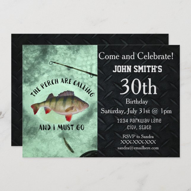 Rugged Perch Ice Fishing Men's Birthday Invitation (Front/Back)