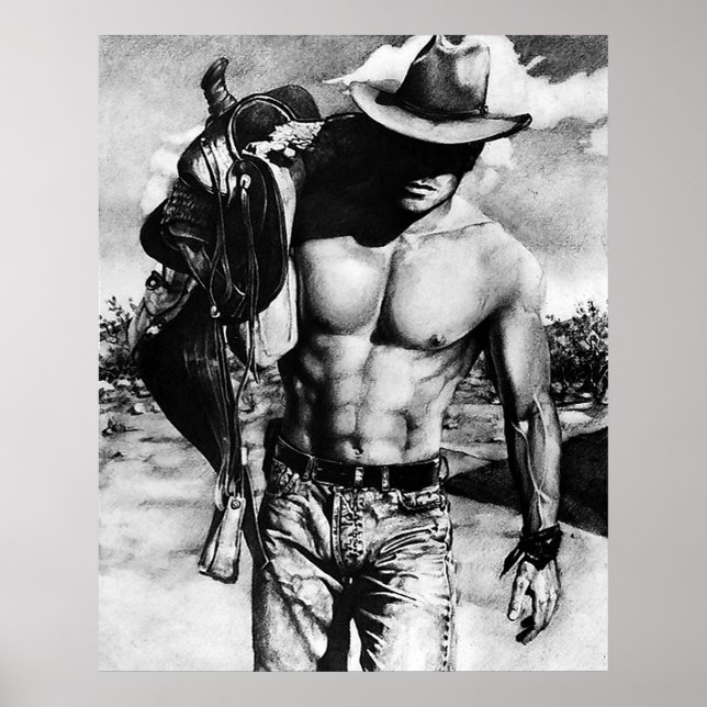 Rugged Perfect Abs Cowboy Carrying His Saddle Poster (Front)