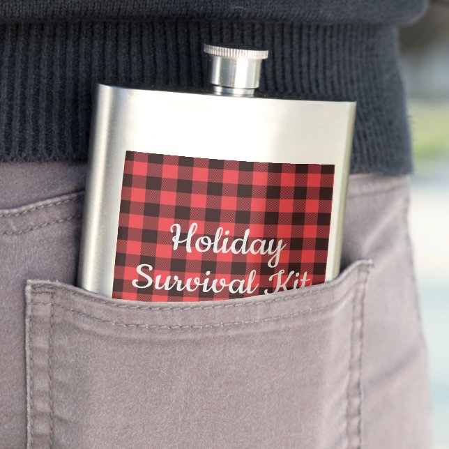 Rugged Red & Black Plaid  Holiday Survival Kit Hip Flask (In Situ)