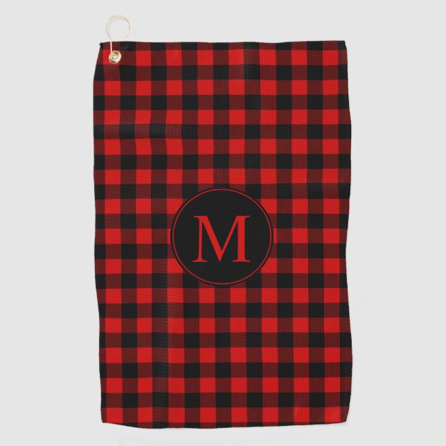 Rugged Red Buffalo Plaid with Monogram Golf Towel (Front)