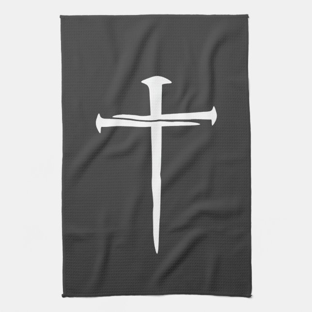 Rugged Three Nails White Cross Christian Tea Towel (Vertical)
