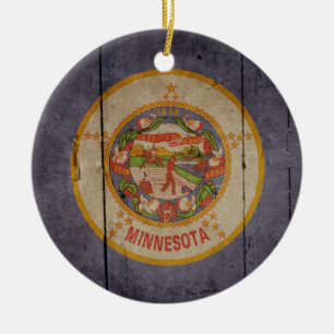 Rugged Wood Minnesota Flag Ceramic Tree Decoration